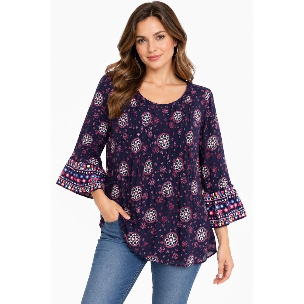 Style & Co Medium 8 10 Boho Hippie Tunic Top Mirror Trim Bell Sleeves